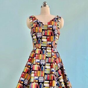 Book Print V-Neck Dress